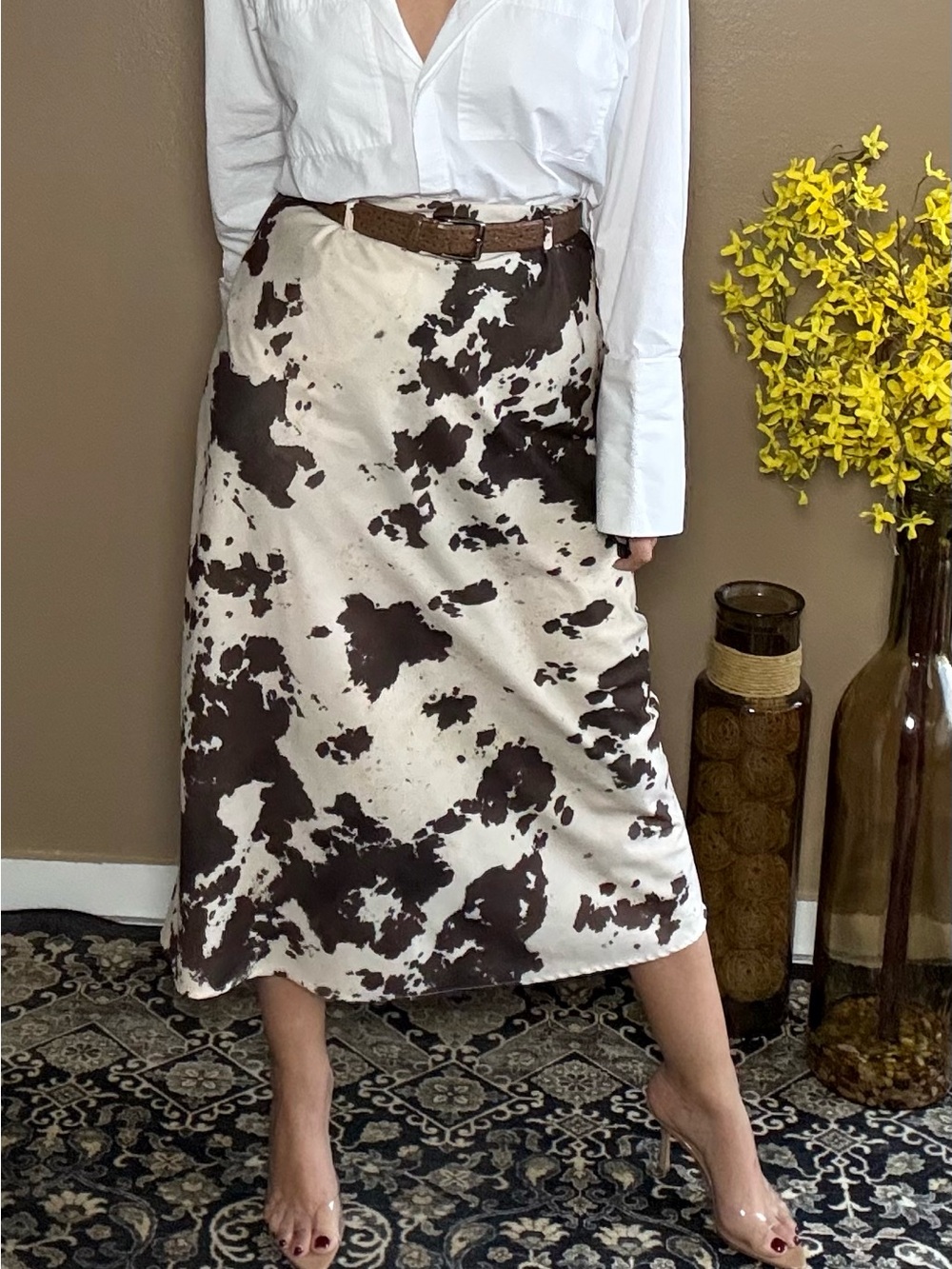 Women’s Brown and Cream Printed Midi Skirt